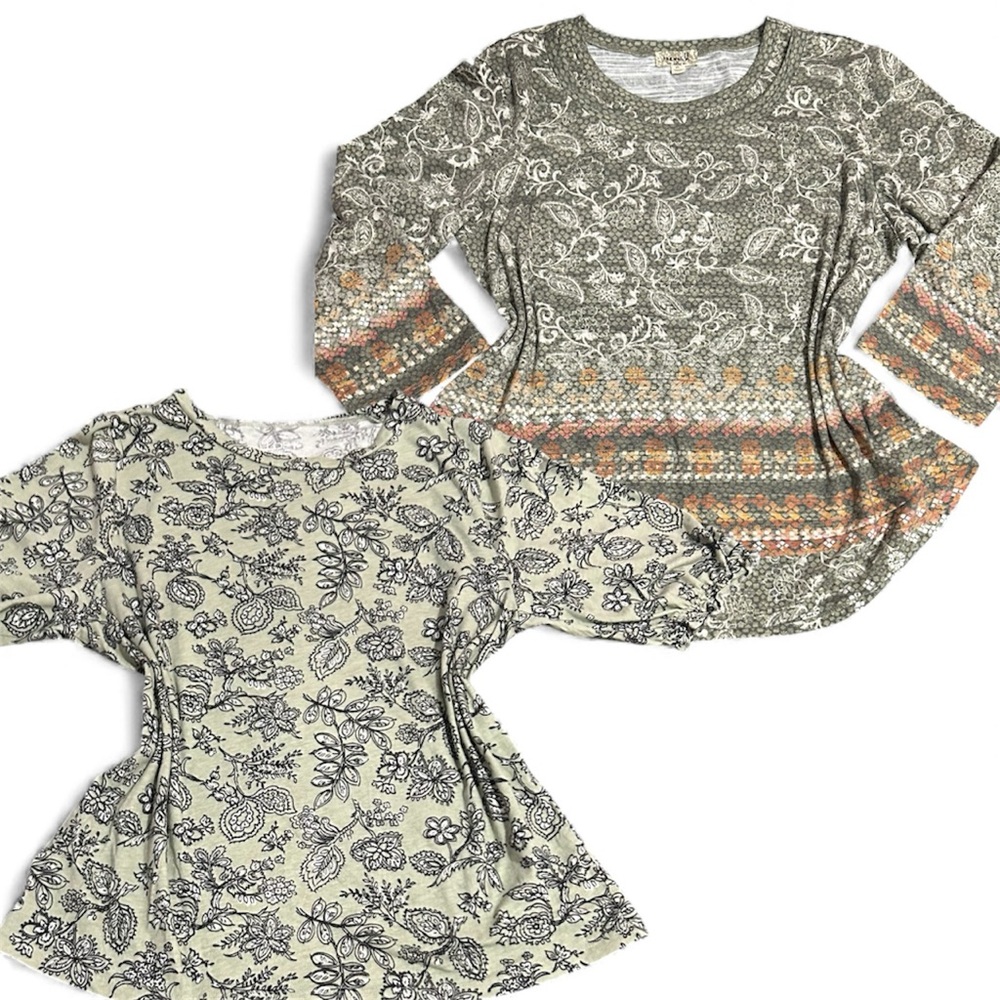 LOFT & One World Green and Orange Patterned Long Sleeve Tops